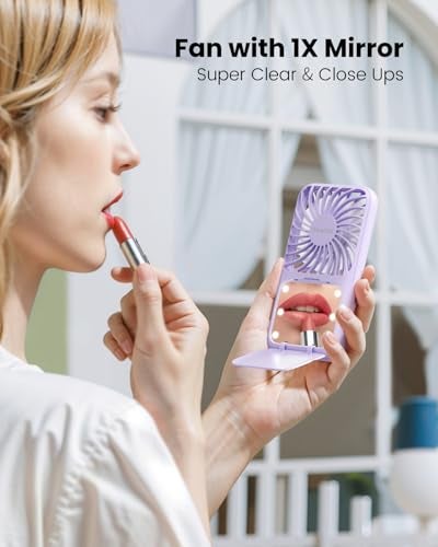 Gaiatop Mini Handheld Fan - 3 Speeds, 2000mAh USB Rechargeable Portable Fan with LED Lighted Makeup Mirror and Stand, Small Personal Fan Ideal for Outdoor Travel, Gifts for Women & Girls (Purple) - Image 2