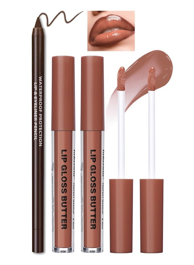 DuaTana 3Pcs Hydrating Lip Gloss with Brown Lip Liner Combo Set,Plumping Lip Liner Moisturizing Nude Tinted Lips Glow Oil,Lightweight Non Sticky Liquid Lipstick Women Lipstain Makeup Long Lasting Lipgloss -08 - Image 1