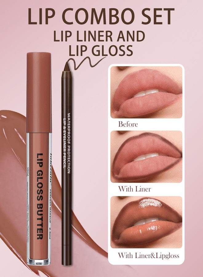 DuaTana 3Pcs Hydrating Lip Gloss with Brown Lip Liner Combo Set,Plumping Lip Liner Moisturizing Nude Tinted Lips Glow Oil,Lightweight Non Sticky Liquid Lipstick Women Lipstain Makeup Long Lasting Lipgloss -08 - Image 2