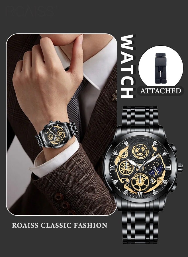 roaiss Mens Stainless Steel Strap Quartz Watch Analog Display Round Black Hollow Dial Watches with Calendar Waterproof Luminous Casual Wristwatch - Image 1