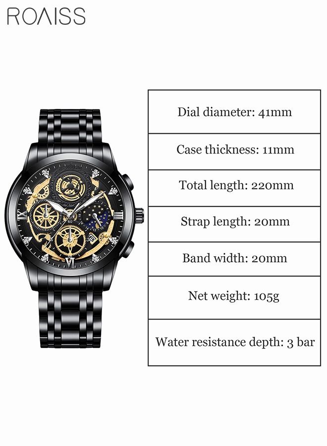 roaiss Mens Stainless Steel Strap Quartz Watch Analog Display Round Black Hollow Dial Watches with Calendar Waterproof Luminous Casual Wristwatch - Image 3