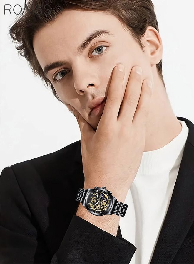 roaiss Mens Stainless Steel Strap Quartz Watch Analog Display Round Black Hollow Dial Watches with Calendar Waterproof Luminous Casual Wristwatch - Image 2