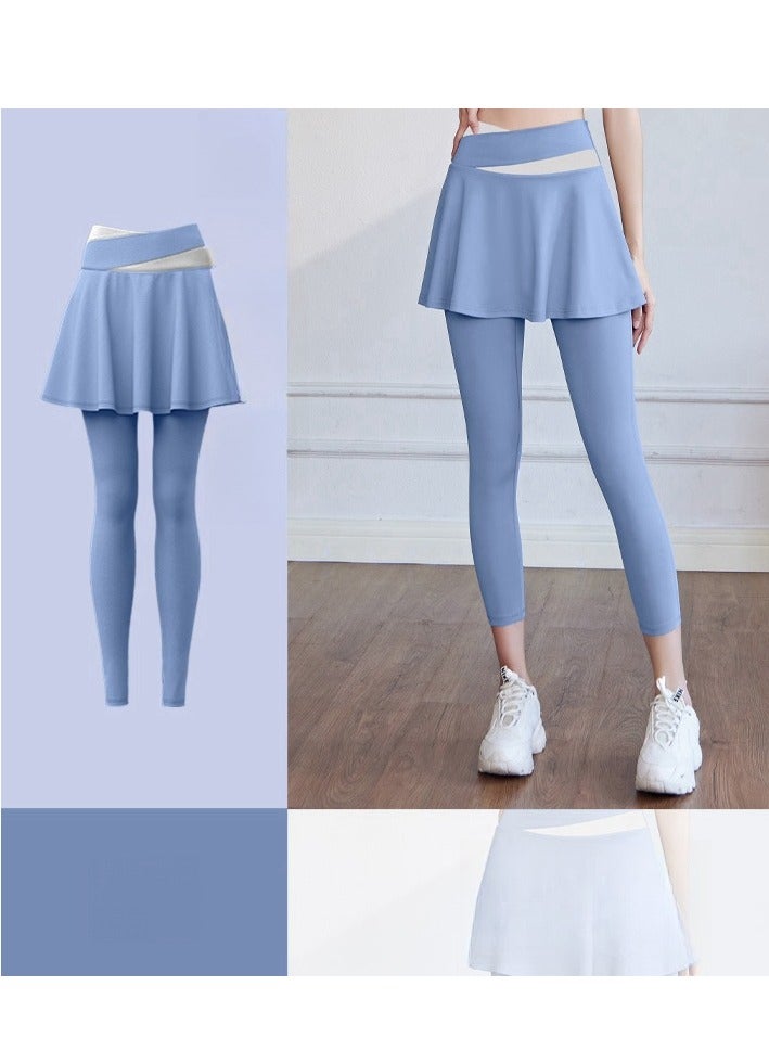 Color Blocked High Waisted Tight Fitting Anti Glare Fake Two-Piece Yoga Pants  - Image 1