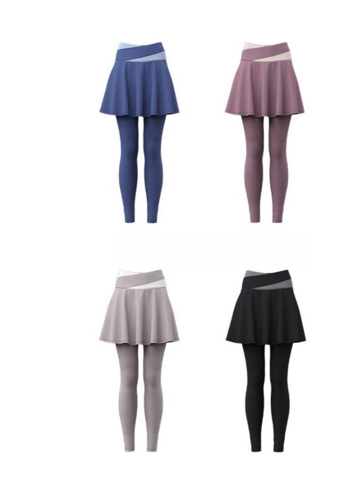 Color Blocked High Waisted Tight Fitting Anti Glare Fake Two-Piece Yoga Pants  - Image 2