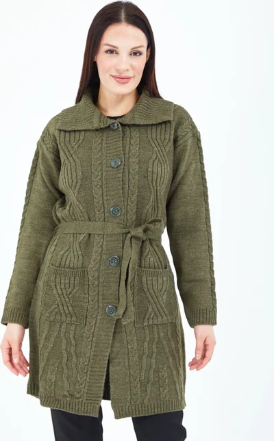 Stilmony Women's Khaki Green Buttoned Pocket Belted Knitted Wool Long Cardigan