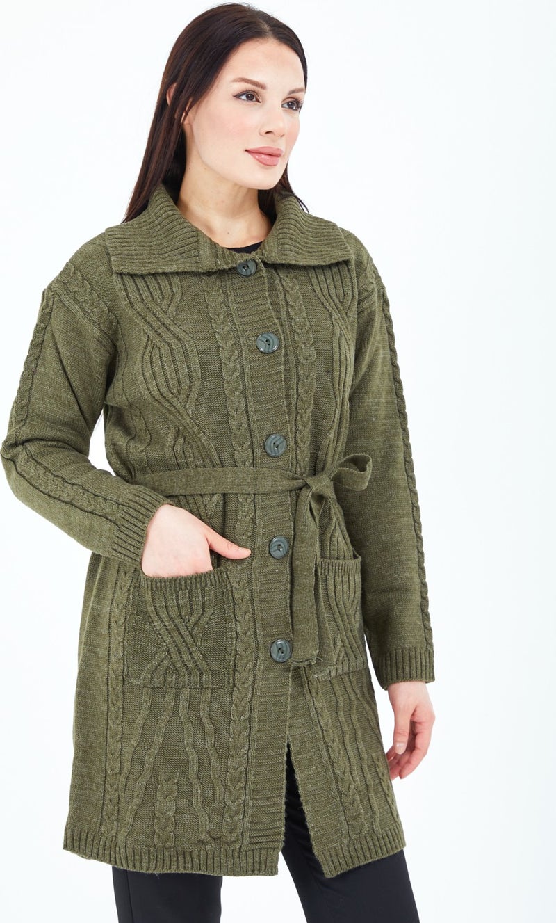 Stilmony Women's Khaki Green Buttoned Pocket Belted Knitted Wool Long Cardigan - Image 5