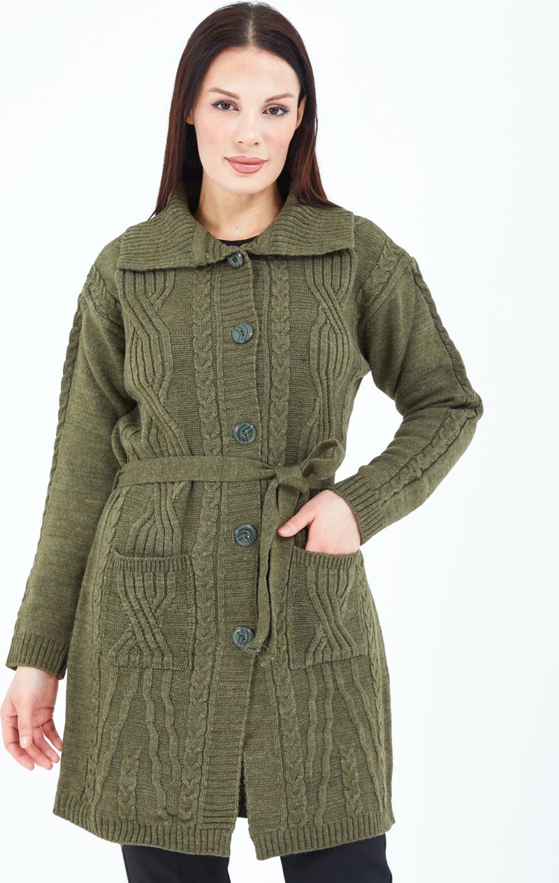 Stilmony Women's Khaki Green Buttoned Pocket Belted Knitted Wool Long Cardigan - Image 2