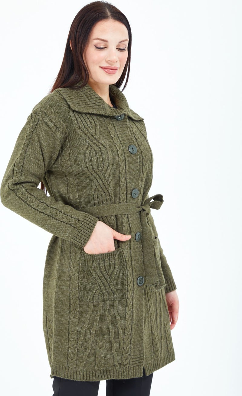 Stilmony Women's Khaki Green Buttoned Pocket Belted Knitted Wool Long Cardigan - Image 4