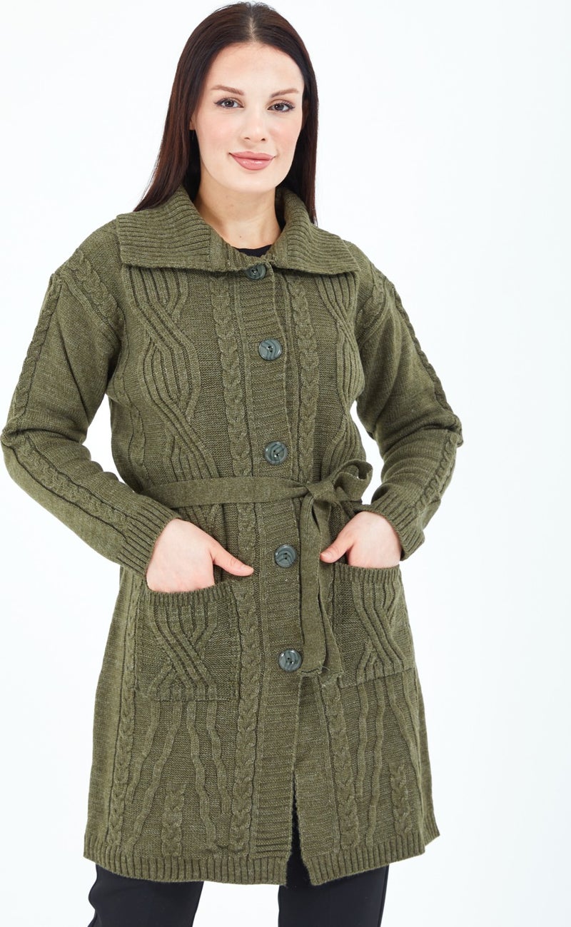 Stilmony Women's Khaki Green Buttoned Pocket Belted Knitted Wool Long Cardigan - Image 3