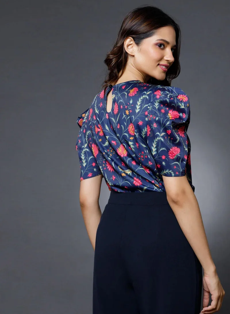Zigzag Long Sleeve Blue Printed Vneck top