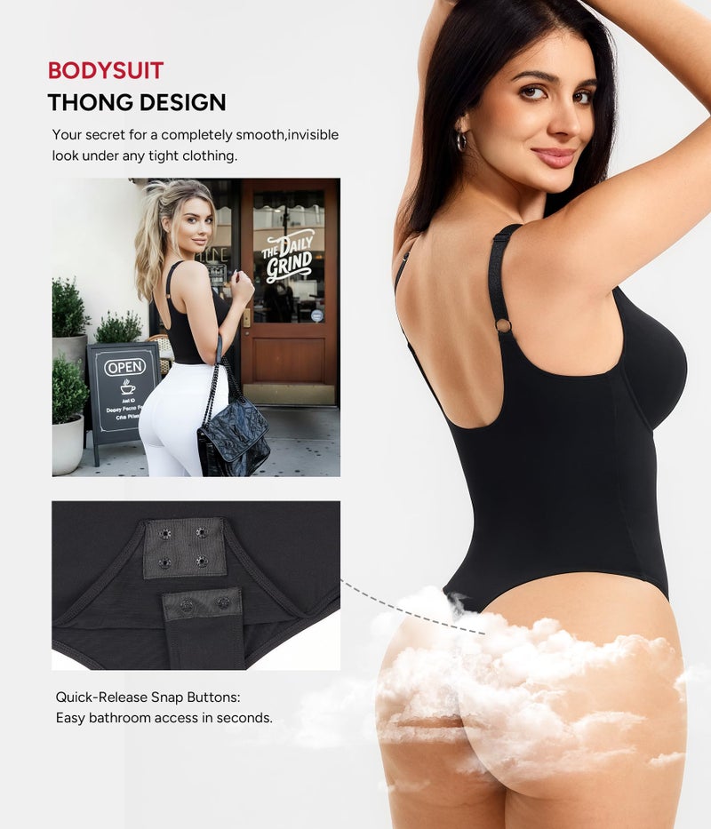 Nebility Shapewear Bodysuits for Women Tummy Control Body Shaper Deep V Neck Thong Body Suits (Black,Large) - Image 3