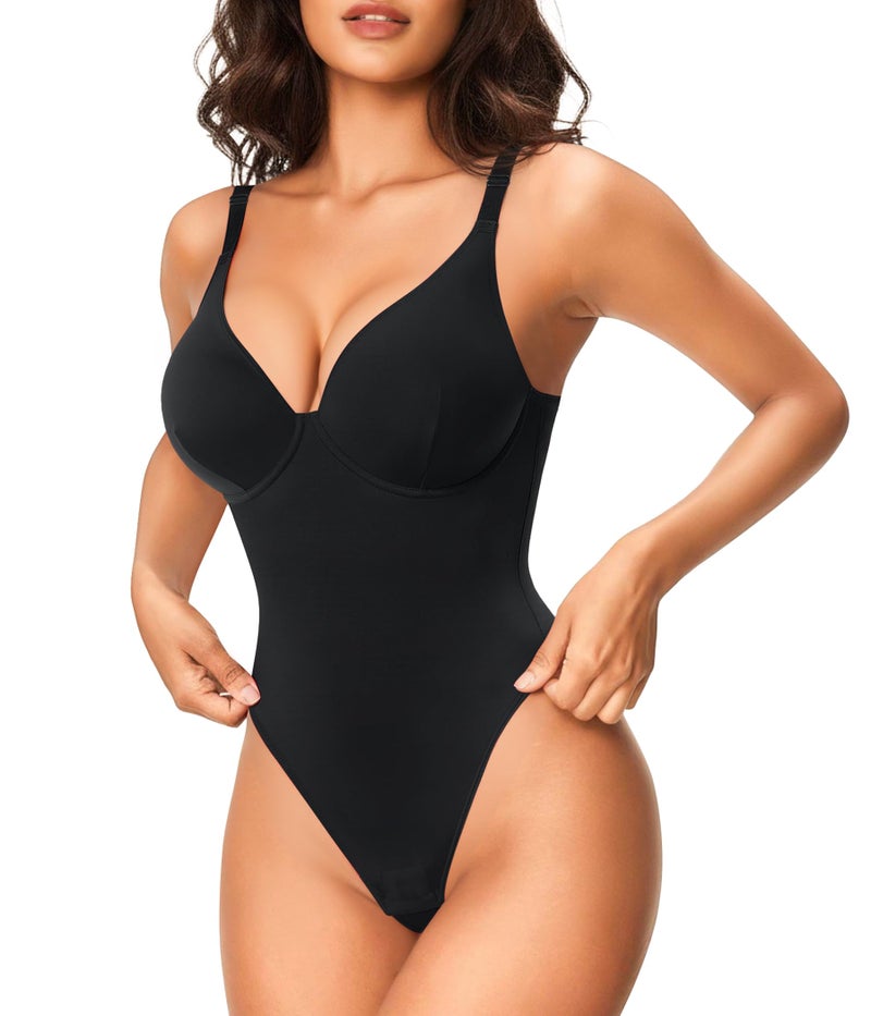 Nebility Shapewear Bodysuits for Women Tummy Control Body Shaper Deep V Neck Thong Body Suits (Black,Large) - Image 1