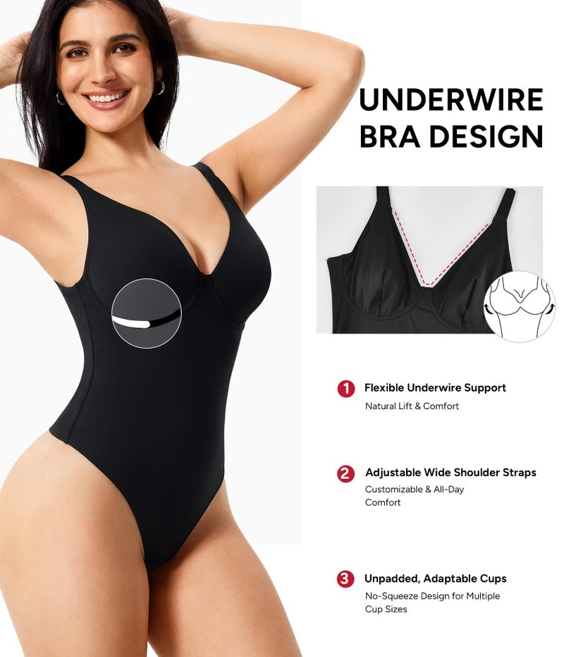 Nebility Shapewear Bodysuits for Women Tummy Control Body Shaper Deep V Neck Thong Body Suits (Black,Large) - Image 2