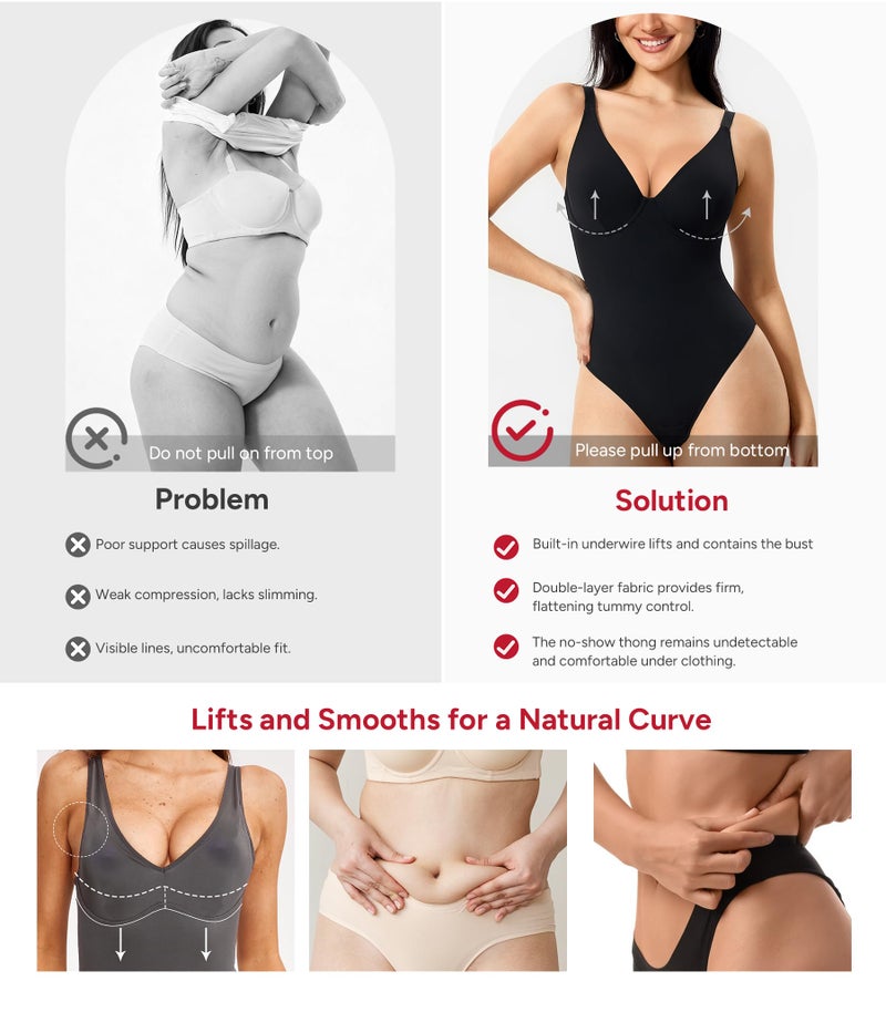 Nebility Shapewear Bodysuits for Women Tummy Control Body Shaper Deep V Neck Thong Body Suits (Black,Large) - Image 4