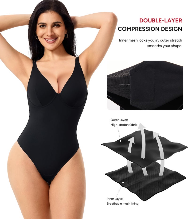 Nebility Shapewear Bodysuits for Women Tummy Control Body Shaper Deep V Neck Thong Body Suits (Black,Large) - Image 5