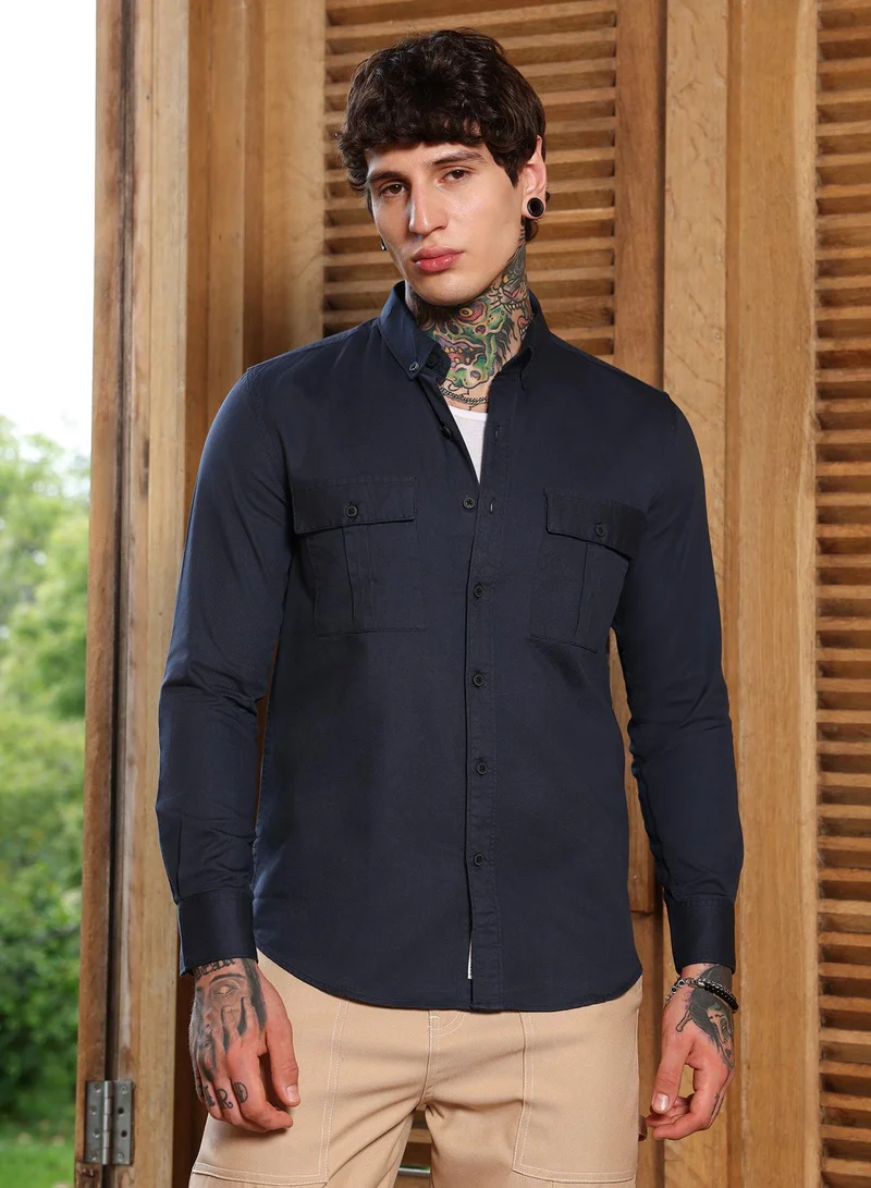 Campus Sutra Men's Navy Blue Utility-Safari Regular Shirt