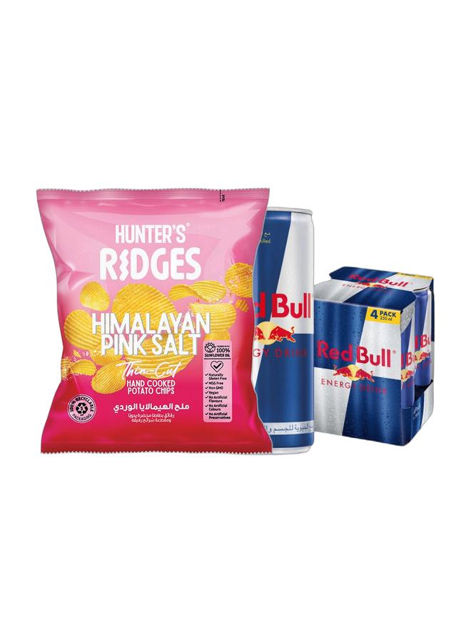 noon Hunter's Gourmet Himalayan Pink Salt Ridges Thin Cut Potato Chips 40g + Red Bull Energy Drink 250ml Pack of 4 - Image 1