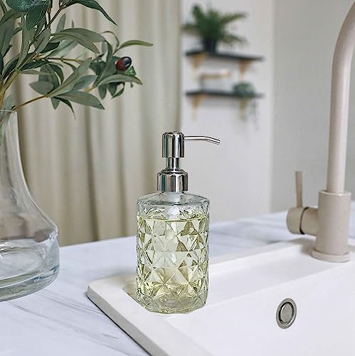 JASAI 2Pack Diamond Embossed Glass Soap Dispenser with 304 Rustproof Stainless Steel Pump, 12 OZ Bathroom soap Dispenser with A Wooden Tag, Elegant Hand Soap Dispenser for Bathroom & Kitchen - Image 3
