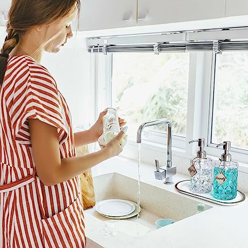 JASAI 2Pack Diamond Embossed Glass Soap Dispenser with 304 Rustproof Stainless Steel Pump, 12 OZ Bathroom soap Dispenser with A Wooden Tag, Elegant Hand Soap Dispenser for Bathroom & Kitchen - Image 4