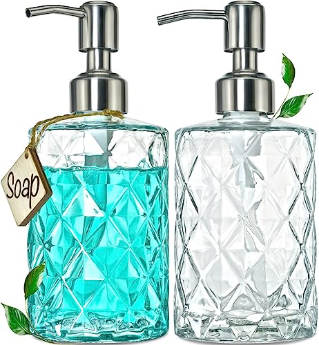 JASAI 2Pack Diamond Embossed Glass Soap Dispenser with 304 Rustproof Stainless Steel Pump, 12 OZ Bathroom soap Dispenser with A Wooden Tag, Elegant Hand Soap Dispenser for Bathroom & Kitchen - Image 1