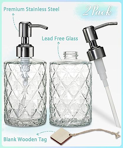 JASAI 2Pack Diamond Embossed Glass Soap Dispenser with 304 Rustproof Stainless Steel Pump, 12 OZ Bathroom soap Dispenser with A Wooden Tag, Elegant Hand Soap Dispenser for Bathroom & Kitchen - Image 2