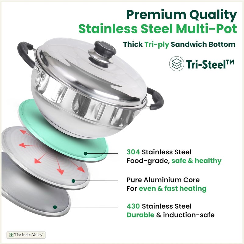 The Indus Valley The Indus Valley Stainless Steel Idli MakerMomo MakerMulti KadaiSteamer Set Small 5 Plates 2 Idli 2 Dhokla 1 Steamer 23cm9 inch 3Ltr 17kg 3Layer Thick Bottom Induction friendly  - Image 3