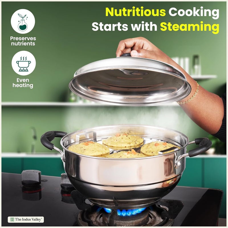 The Indus Valley The Indus Valley Stainless Steel Idli MakerMomo MakerMulti KadaiSteamer Set Small 5 Plates 2 Idli 2 Dhokla 1 Steamer 23cm9 inch 3Ltr 17kg 3Layer Thick Bottom Induction friendly  - Image 5