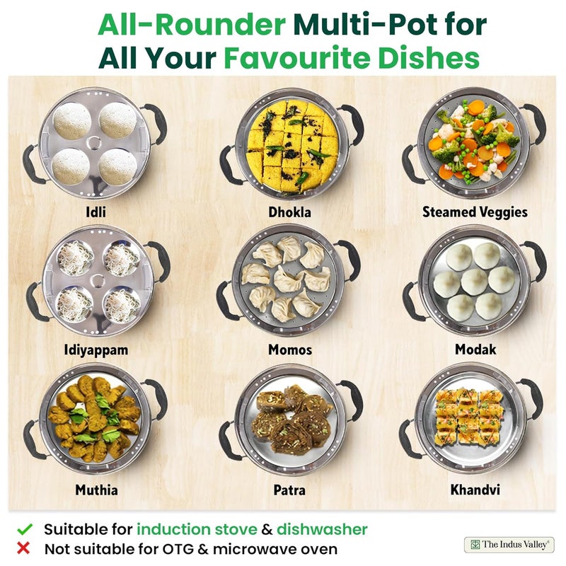 The Indus Valley The Indus Valley Stainless Steel Idli MakerMomo MakerMulti KadaiSteamer Set Small 5 Plates 2 Idli 2 Dhokla 1 Steamer 23cm9 inch 3Ltr 17kg 3Layer Thick Bottom Induction friendly  - Image 2