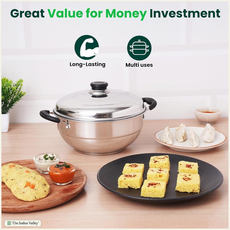 The Indus Valley The Indus Valley Stainless Steel Idli MakerMomo MakerMulti KadaiSteamer Set Small 5 Plates 2 Idli 2 Dhokla 1 Steamer 23cm9 inch 3Ltr 17kg 3Layer Thick Bottom Induction friendly  - Image 4