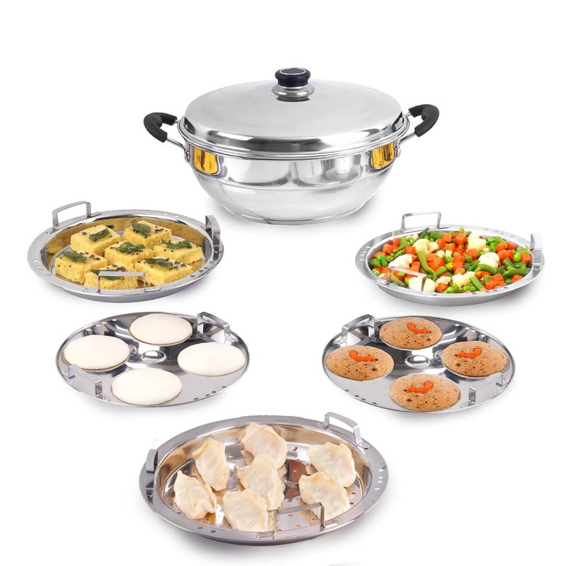 The Indus Valley The Indus Valley Stainless Steel Idli MakerMomo MakerMulti KadaiSteamer Set Small 5 Plates 2 Idli 2 Dhokla 1 Steamer 23cm9 inch 3Ltr 17kg 3Layer Thick Bottom Induction friendly  - Image 1
