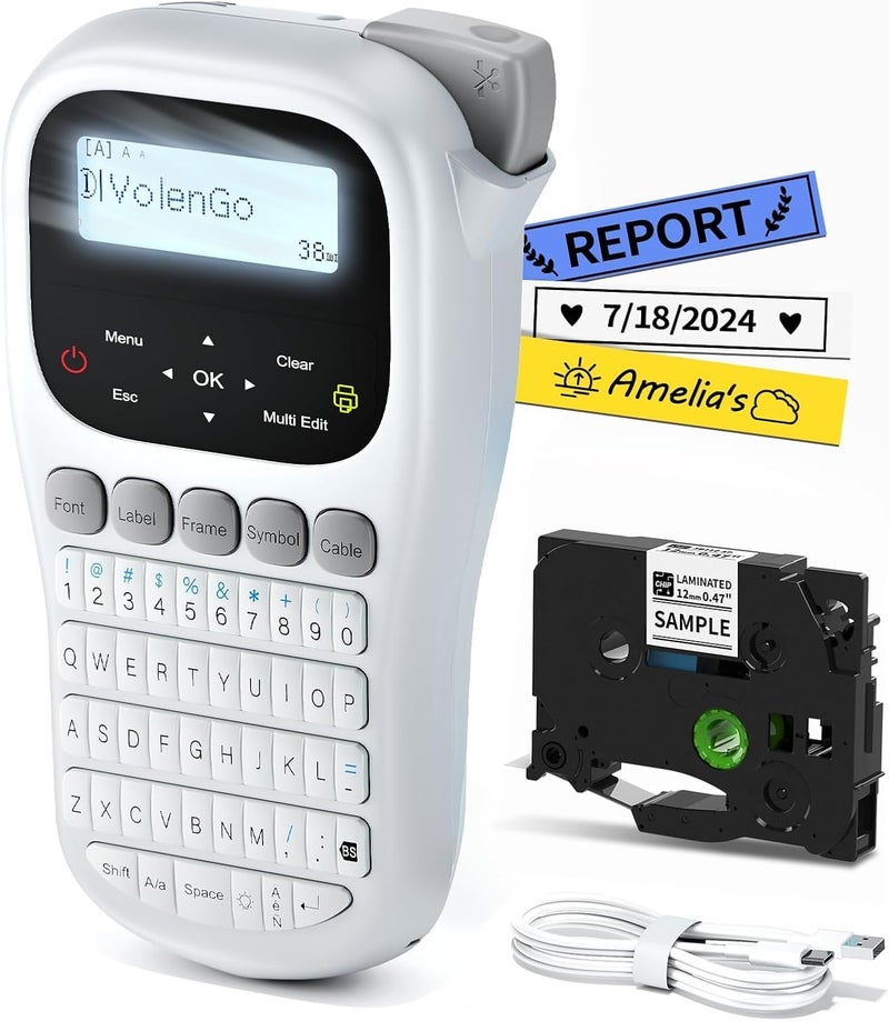 آلة صنع الملصقات مع شريط، لوحة مفاتيح QWERTY مع شريط مغلف أبيض بعرض 12 مم (0.47 بوصة) مع كتابة سوداء على أبيض، آلة صنع ملصقات محمولة مع شاشة LCD مضيئة للاستخدام المنزلي/المكتبي/المدرسي، رمادي - Image 1