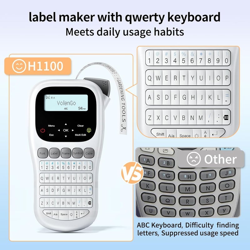 آلة صنع الملصقات مع شريط، لوحة مفاتيح QWERTY مع شريط مغلف أبيض بعرض 12 مم (0.47 بوصة) مع كتابة سوداء على أبيض، آلة صنع ملصقات محمولة مع شاشة LCD مضيئة للاستخدام المنزلي/المكتبي/المدرسي، رمادي - Image 3