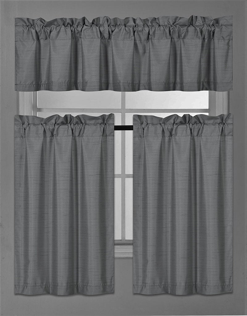 Fancy Collection 3 Piece Faux Silk Blackout Kitchen Curtain Set - Tier Curtains and Valance - Solid Dark Grey/Charcoal - Thermal Backing Drapes