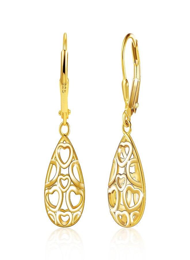 ALEXCRAFT 14K Gold Plated Sterling Silver Teardrop Dangle Earrings for Women Filigree Tear drop Leverback Earrings Hypoallergenic Sterling Silver Earrings for Jewelry Gifts - Image 1