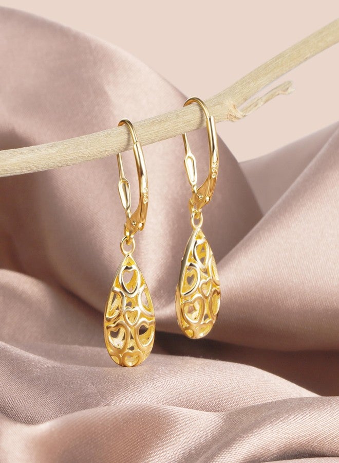 ALEXCRAFT 14K Gold Plated Sterling Silver Teardrop Dangle Earrings for Women Filigree Tear drop Leverback Earrings Hypoallergenic Sterling Silver Earrings for Jewelry Gifts - Image 3