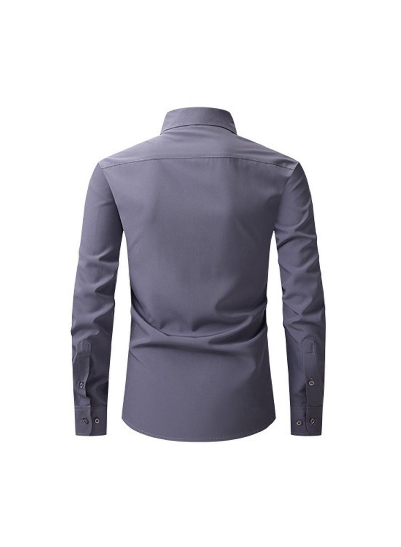 Loquat Thin Long Sleeved Slim Fitting Solid Color Men's Shirt  - Image 2
