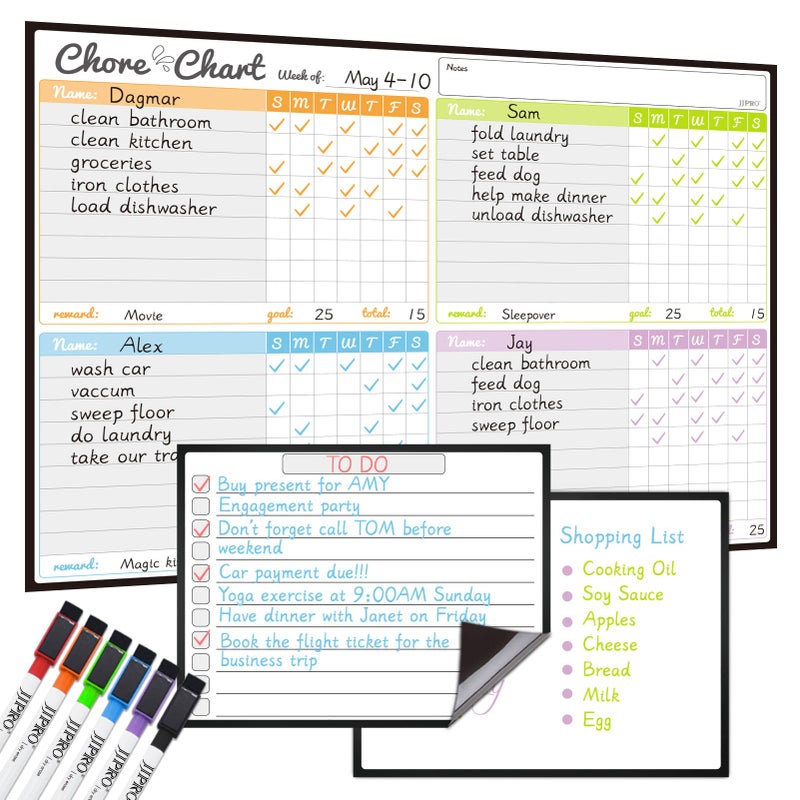 JJPRO Magnetic Dry Erase Chore Chart Set for FridgeUsed for Multiple KidsOne Chore Chart and Two Bonus Dry Erase PadGrocery BoardsBehavior Chart for Multiple Kids