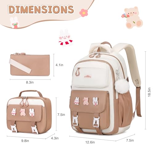 DIGOBAY 3PCS Girls Backpack for School Kids Backpack for Girls with Lunch Box Pencil Case Set for Teen Girl Elementary Primary Middle High College School Bookbag with Cute Pins Khaki - Image 3