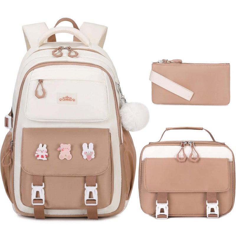 DIGOBAY 3PCS Girls Backpack for School Kids Backpack for Girls with Lunch Box Pencil Case Set for Teen Girl Elementary Primary Middle High College School Bookbag with Cute Pins Khaki - Image 2