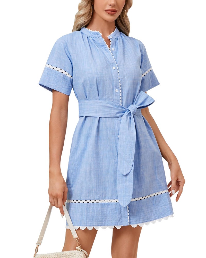 YEXPINE Women's Short Sleeve Summer Shirt Dress Button Down Belted Tunic Mini Dresses RIC Rac Trim Sundress with Pockets(Blue-M) - Image 1