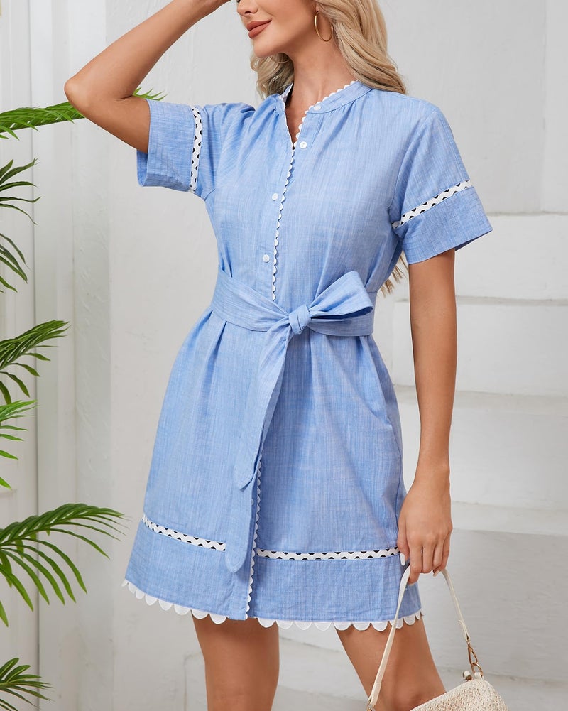 YEXPINE Women's Short Sleeve Summer Shirt Dress Button Down Belted Tunic Mini Dresses RIC Rac Trim Sundress with Pockets(Blue-M) - Image 5