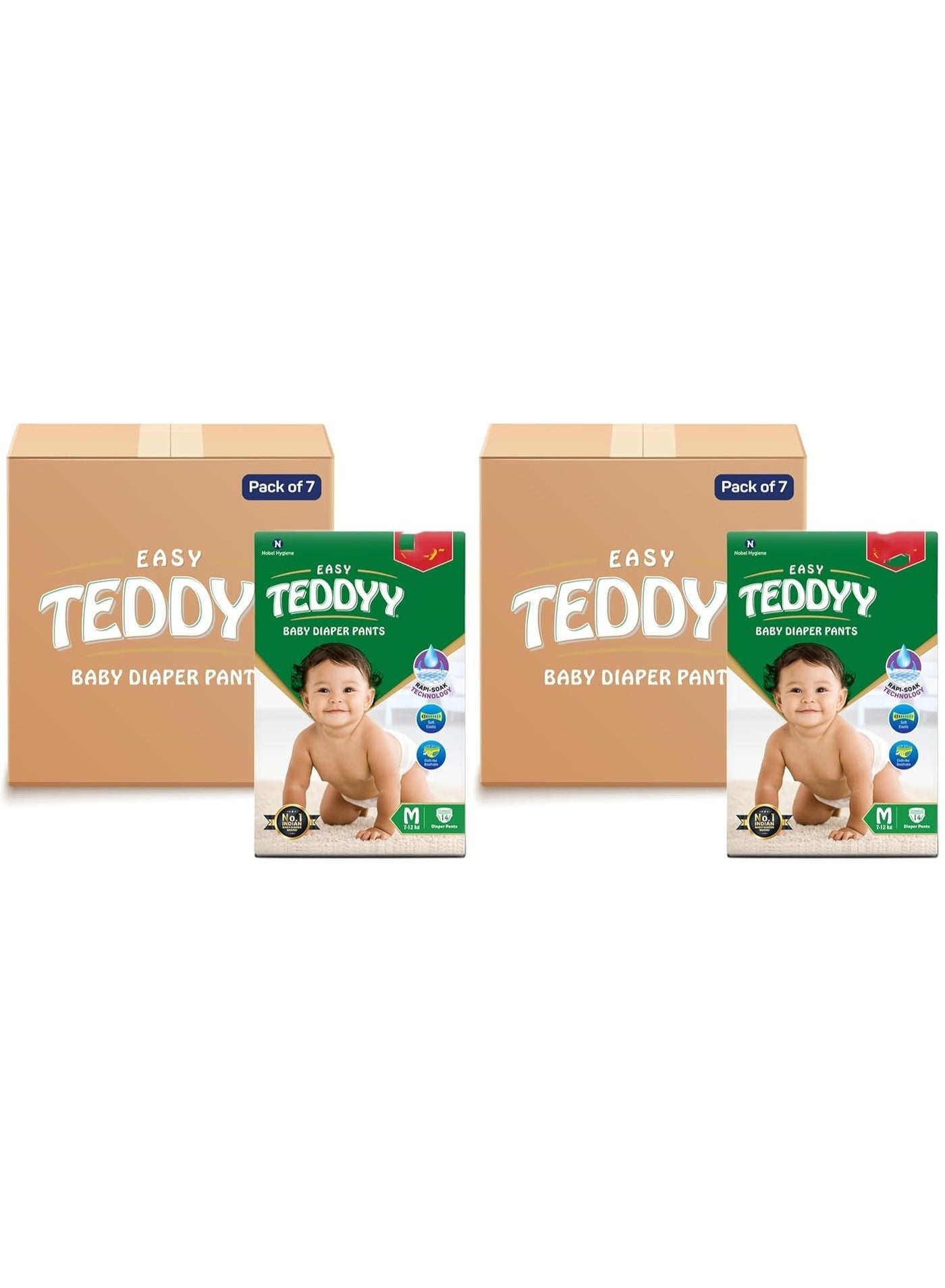 TEDDYY Easy Baby M Size Diaper Pant Style | Pack of 7 | 7-12 kg | Long Protection Hours | Anti-Bacterial | Airy Breathable Fit | Rapid Soaker Channels with Wetness Indicator