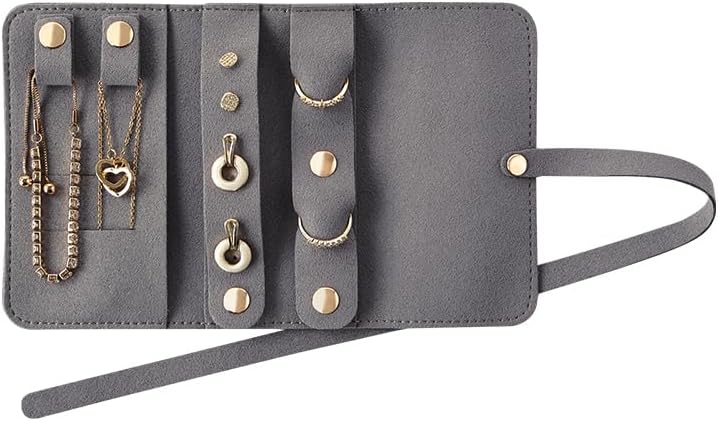 CASEGRACE Travel Jewelry Organizer Roll, Portable Velvet Jewelry Storage Roll Earring Organizer Bag, Jewelry Pocket for Necklaces, Rings, Earrings (Gray) - Image 1