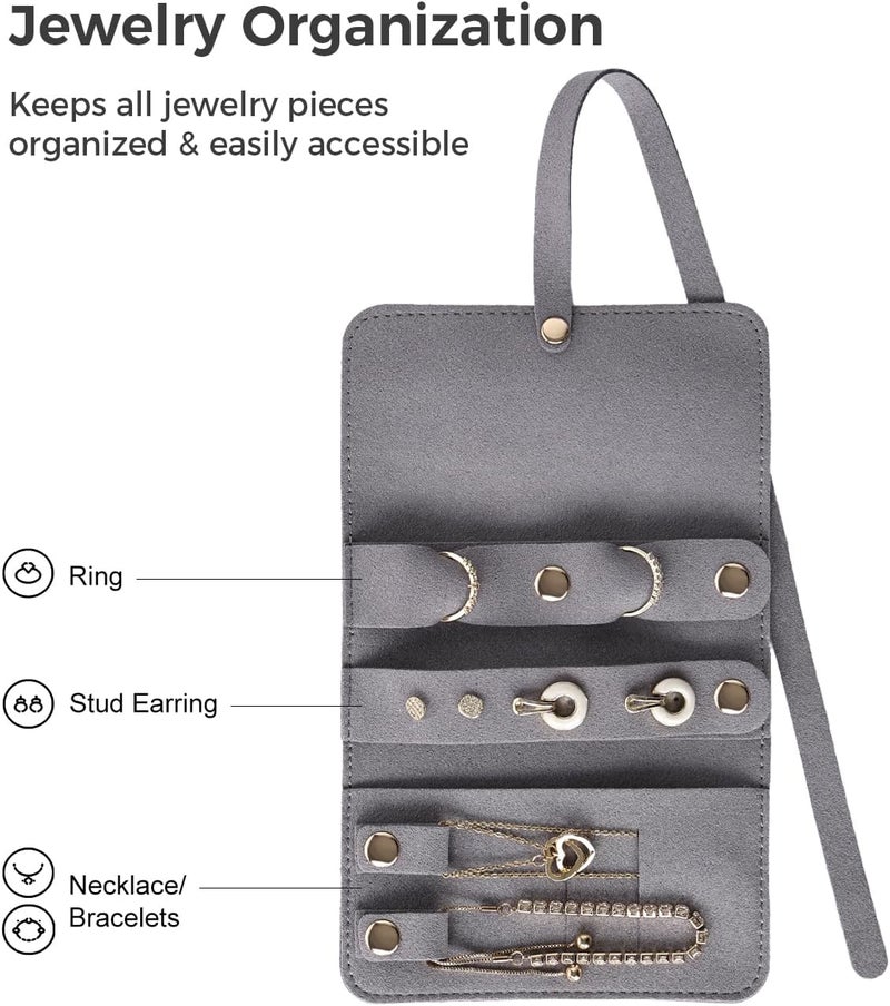 CASEGRACE Travel Jewelry Organizer Roll, Portable Velvet Jewelry Storage Roll Earring Organizer Bag, Jewelry Pocket for Necklaces, Rings, Earrings (Gray) - Image 3