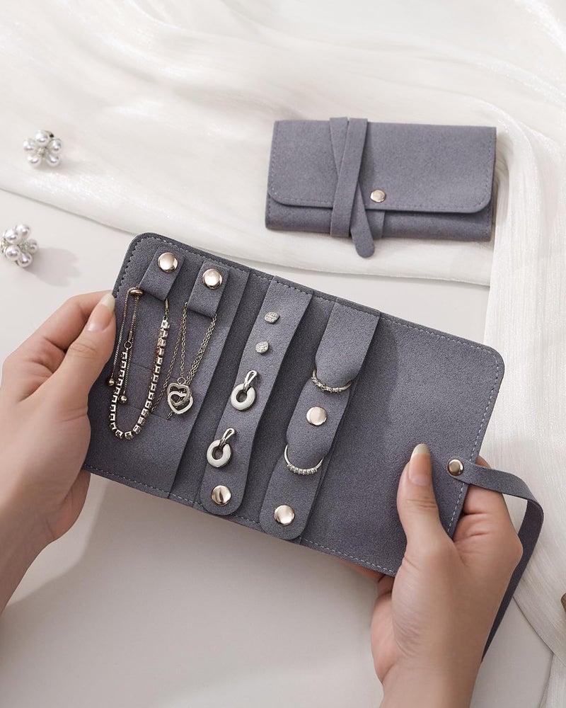 CASEGRACE Travel Jewelry Organizer Roll, Portable Velvet Jewelry Storage Roll Earring Organizer Bag, Jewelry Pocket for Necklaces, Rings, Earrings (Gray) - Image 2