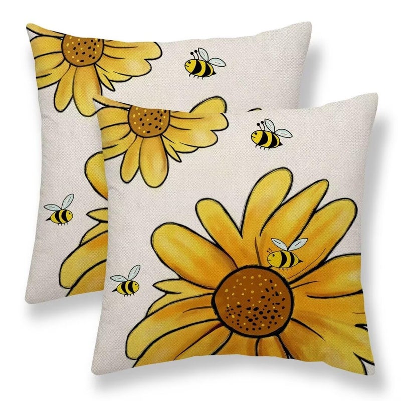 Sunshineyan Summer Sunflower Pillow Covers 16x16 Set of 2  Yellow Sunflower Bee Decorative Throw Pillow Covers Farmhouse Linen Seasonal Spring Summer Flowers Pillowcase for Sofa Couch Home Outdoor Decor - Image 1