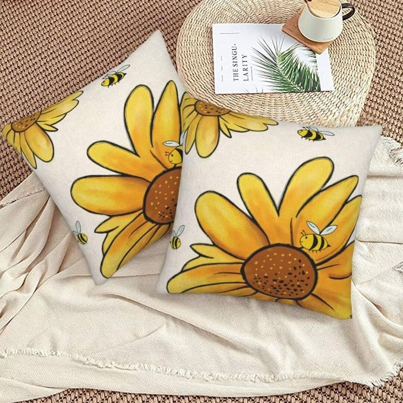 Sunshineyan Summer Sunflower Pillow Covers 16x16 Set of 2  Yellow Sunflower Bee Decorative Throw Pillow Covers Farmhouse Linen Seasonal Spring Summer Flowers Pillowcase for Sofa Couch Home Outdoor Decor - Image 5