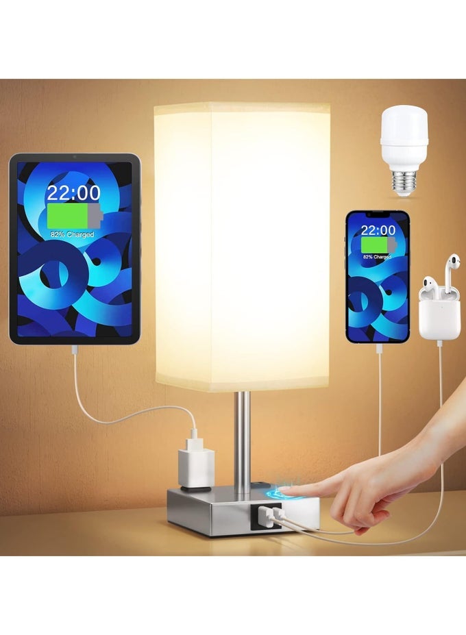 TOUCH BEDSIDE TABLE LAMP , 3-WAY DIMMABLE NIGHT LAMP WITH USB A + TYPE C CHARGING PORTS AND TWO AC OUTLETS, SMALL DESK LIGHT WITH E26 LED BULB FOR BEDROOM LIVING ROOM DORM OFFICE