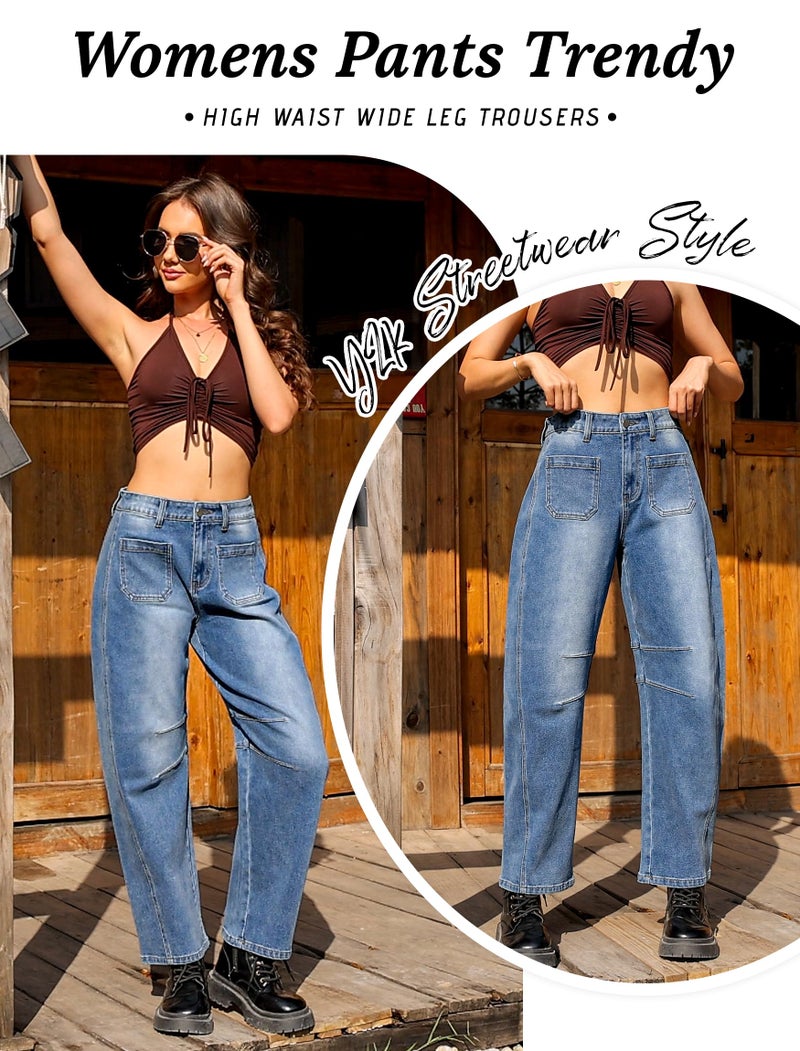 Eddoyee Wide Leg Barrel Jeans Women - Stretchy Denim High Waist Pants Y2k Boyfriend Ankle Trousers with Pockets - Image 5