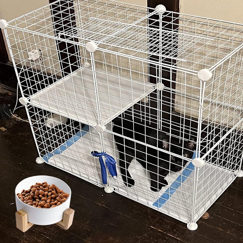 MUYG قفص قطائل من طابقين يمكن تصنيعه في المنزل (DIY Cat Cage)، قفص معدني قابل للفك للحيوانات الصغيرة داخل المنزل (Small Animal Indoor Detachable Metal Cage)، صندوق لتربية القطط يوفر مساحة كبيرة للتمرين (Cats Kennel Crate Large Exercise Place)، أقفاص للقطط مزودة ببابين (Kitten Enclosures with 2 Doors)، أبعاد: 29.5 × 15.3 × 28.7 بوصة، لون أبيض. - Image 3